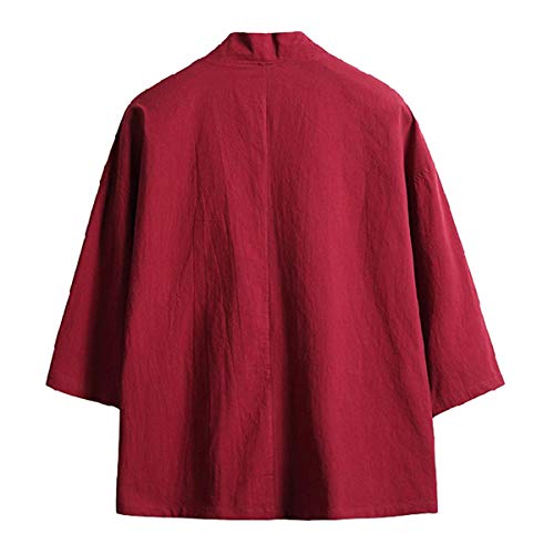 Haseil Men\'s Kimono Cardigan Japanese Jackets Casual Cotton 3/4 Sleeve Shirt Open Front Coat Lightweight Linen Yukata, Wine Red, Tagsize 5XL=USsize 3XL