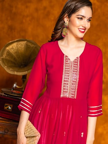 Image of EthnicJunction Women's Georgette Relaxed Fit A Line Embroidered Naira Cut A-Line Kurta | Karva Chauth Special Kurta