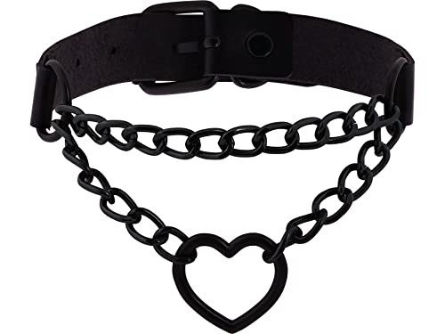 Sacina Goth Heart Chain Choker Necklace, PU Leather Choker, Gothic Punk Grunge Emo Necklace, Halloween Christmas Jewelry Gift for Women, Men