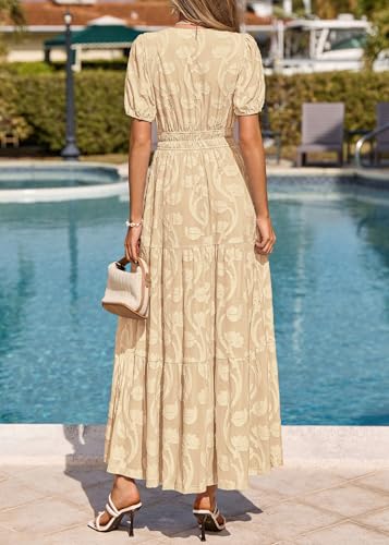 Image of KIRUNDO Summer Dresses for Women 2026 Boho Flowy Casual Short Sleeve V Neck Elastic Waist Floral Long Baby Shower Maxi Dress