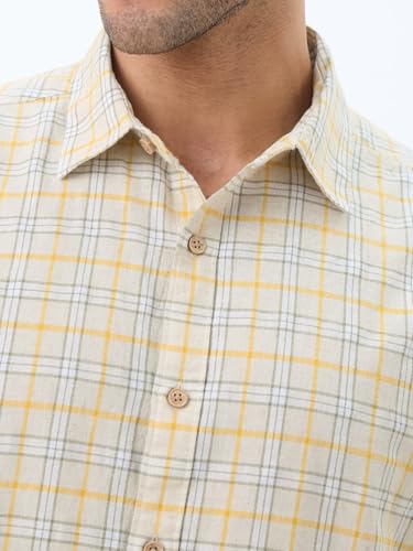 Image of The Souled Store: Blue Sails Men and Boys Long Sleeve Collared Neck Button Front Blue and Cream Checked Embroidered Regular Fit Cotton Linen Shirt