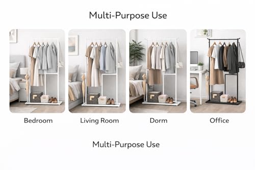 Image of Raawan Heavy Duty Double Rod Clothes Rack with Side Storage Shelves | Metal Garment Stand Organizer | Space Saving Cloth Hanger Stand for Bedroom, Living Room & PG (1 LAYER SM WHITE)