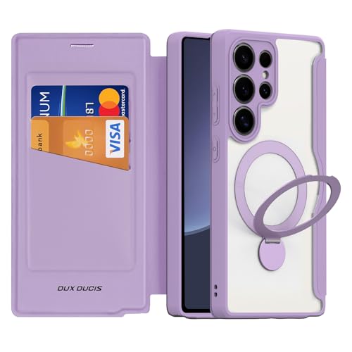 DUX DUCIS Coque Magnétique pour Samsung Galaxy S25 Ultra 5G, Compatible avec Magsafe, [360° Support Rotatif ] Translucide Housse de Protection en Cuir Pu...