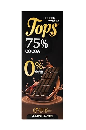 Tops Sugar-Free 75% Dark Chocolate Bar 50G | No Added Sugar Intense Cocoa Flavor Keto & Diabetic-Friendly Premium High-Cocoa Chocolate
