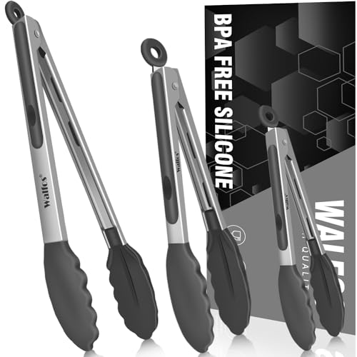 Walfos 600 Degree Heat Resistant Silicone Tongs for Cooking – Kitchen Tongs With Silicone Tips set of 3 size Food Looking Tongs (7″ 9″ and 12 inch Dark Grey)