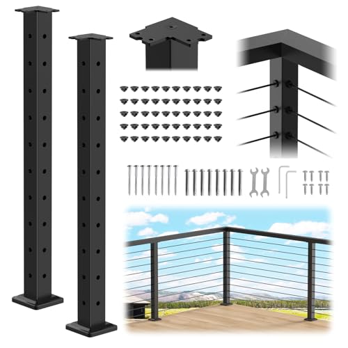 Image of 36 inch Cable Railing Corner Post(Post 35 inchx2 inchx2 inch), 2 Pack 90 L-Drilled Flat Top Corner Post, Stainless Steel Black Surface Mount Deck Cable Railing Post for Indoor Outdoor, MY08-C