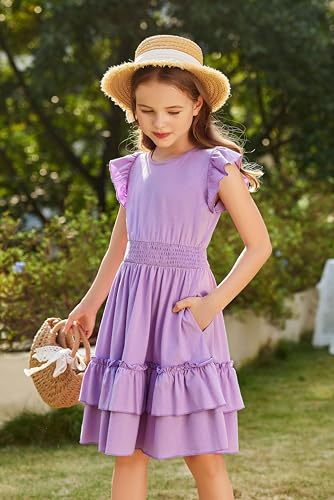 Image of Arshiner Girls Dresses Flutter Sleeve A-Line Sundress Casual Summer Tiered Swing Midi Pocket Dress