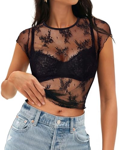 MEROKEETY 2025 Women's Mesh Sheer Lace Crop Top See Through Cap Sleeve Crewneck Summer Sexy Y2K Blouse Shirts