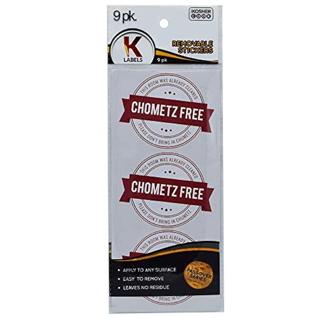 Passover Labels 9 Pack - ¡°Chometz Free¡± Cabinet, Closet and Pantry Stickers - Pesach Seder and Kitchen Accessories by The Kosher Cook