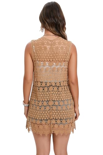 Image of GLEAMISS Women's Crochet Floral Vest Lace Trim Boho Sleeveless Cardigan