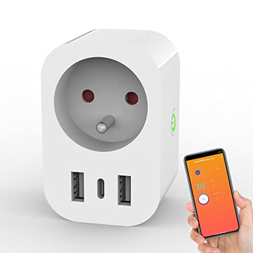 ANTELA Prise Connectée WiFi (FR) 16A avec 2 USB A et 1 USB C, Mesure de Consommation Électrique, compatible avec Alexa/Google Home, Smart Life APP