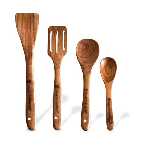 Image of Wooden Cooking Spoons Utensil Set, Sheesham Wood Spatula and Ladles BPA Free Kitchen Tools (Set of 4 A)