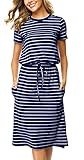 Women Spring Pocket Short Sleeve Modest Casual Midi Knee Dress Striped Navy M