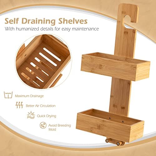 RELAX4LIFE Bamboo Shower Caddy, Hanging Bathroom Rack Shower Baskets with 2 Shelves & 2 Hooks, No Drilling Shower Tray Bathroom Organiser for Shampoo Shower Gels