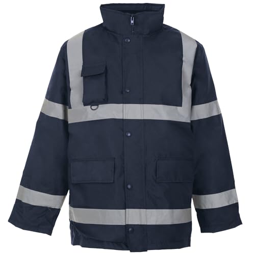 MyShoeStore Hi Vis Viz Parka Jacket High Visibility Workwear Safety Security Concealed Hood Fluorescent Flashing Hooded Padded ¾ Length Waterproof Work Coat Top (Navy, L)