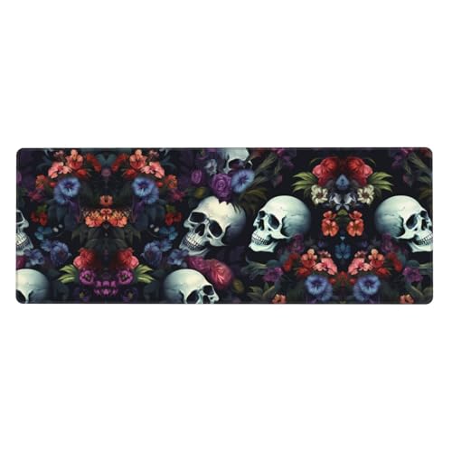 Tapis de souris bureau et jeux vidéo grand format 80x30cm motif crânes fleuris