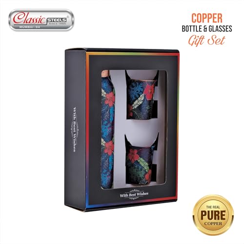 Image of Classic Steels Elegant Ethnic Green Copper Water Bottle Set with 2 Glasses - 1L Capacity | Best Gift For Diwali, Wedding Anniversary And All Other Occasions. (Blue Floral Copper Bottle Set)