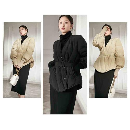 Women's Winter Long Sleeve Waist Cinched Jacket V-Neck Baggy Short Coats with Pockets3