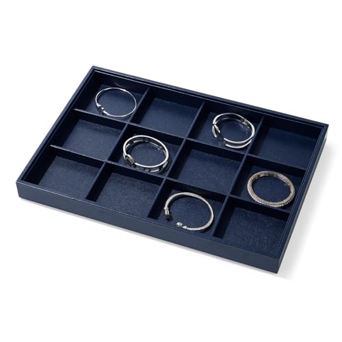 Blue Leather Jewelry Trays Bracelets Tray Stackable Jewelry Organizer Trays for Drawer 12 Grids Bracelet Holder For Bracelet Bangle Earrings Watches Storage(Blue)