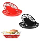 JJWNMLL Canastas de comida, 8 unidades, canastas ovaladas de plástico reutilizables negras y rojas para hamburguesas, papas fritas, dulces, patatas fritas, fiestas, picnics, barbacoas