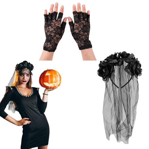 GWAWG Gothic Bride Set: Black Lace Veil Headband with Realistic Roses Fingerless Gloves ， Halloween Veil, Day of the Dead Accessory Gothic Dress Finishing Touch