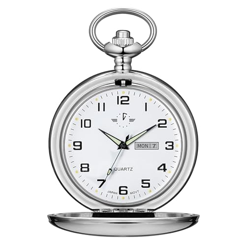 BOSHIYA Smooth Quartz Pocket Watches Classic Arabic Digital Luminous Dial & Day Date Pocket Watch with Chain Christmas Graduation Birthday Gifts