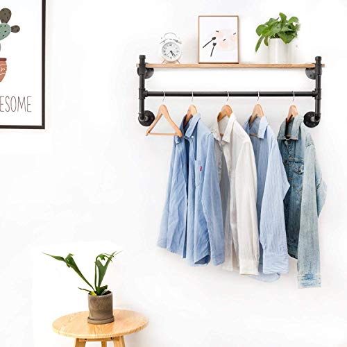 Oyydecor 2 Pack Industrial Pipe Clothes Rack, Heavy Duty Wall Mounted Black Iron Garment Rack Bar, Multi-Purpose Hanging Rod for Closet Storage, Laundry Room, 44\'\' Length, No Planks (Four Base)