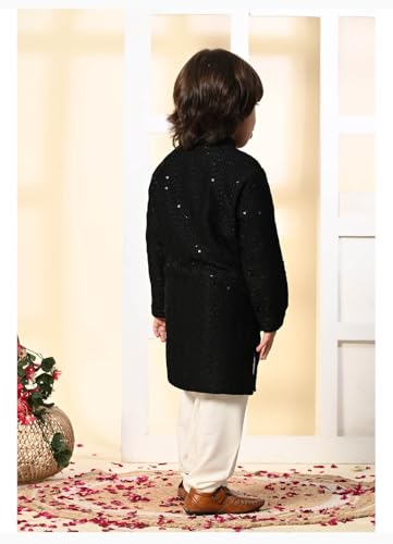 Image of Kids Traditional Black Sequined Kurta with Mandarin Collar, Cotton Blend, Ethnic Formal Wear