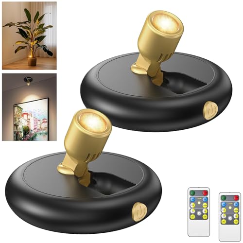 Indoor Plant Spotlight Battery Operated, Picture Lights for Wall, Mini Art Accent Spot Wireless Wall Lights with Timer Remote and Dimmable, Wireless Uplight for Trees Plants Frame Gallery Closet