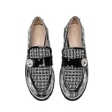 Women's Plaid Lug Sole Penny Loafers,Ladies Sparkly Rhinestones Pearl Trendy Low Heel Slip on Dressy Holiday Shoe Round Toe Comfort Party Evening Glitter Memory Foam Shoe (Black White 7)