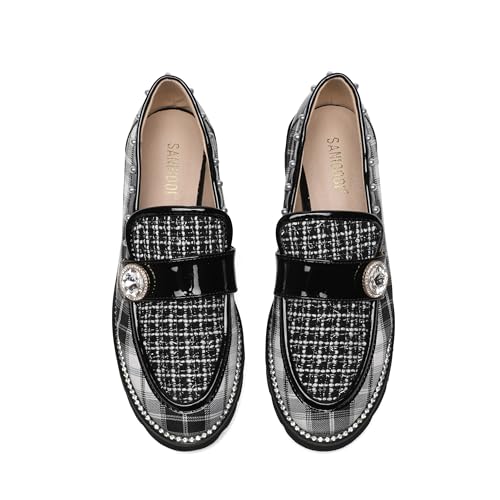 Women's Plaid Lug Sole Penny Loafers,Ladies Sparkly Rhinestones Pearl Trendy Low Heel Slip on Dressy Holiday Shoe Round Toe Comfort Party Evening Glitter Memory Foam Shoe (Black White 8.5)