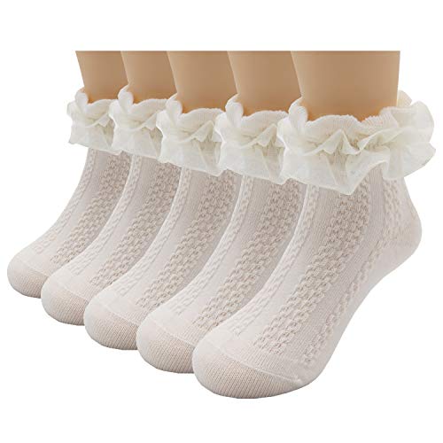 Girls Ruffle Lace Trim Cotton Socks Baby Girl Eyelet Frilly Dress Socks (5 Pairs,Cream White, 6-9 Years)