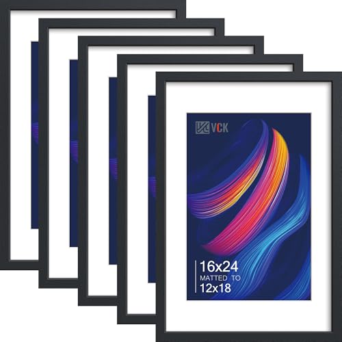 VCK 16x24 Picture Frame 5 Pack, Black Wood, 12x18 Mat, for Gallery Wall