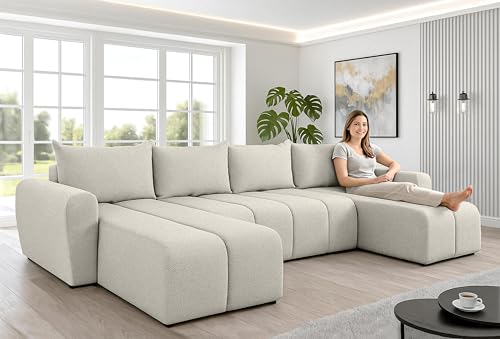 AXLIVING Ecksofas groß Ferrande 317 cm – Sofa beige mit Schlaffunktion & Struktur