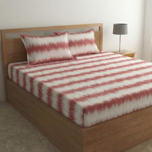 Image of Home Sizzler Microfibre Abstract Ikat Print All-Around Elastic Fitted Double Bedsheet (72 X 78 Inches) with 2 Pillow Covers - Red & White