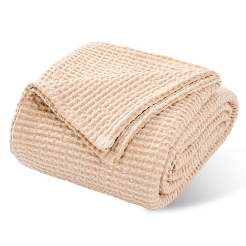 RENEWROOTS 100% Cotton Waffle Woven Queen Blanket for Bed, Soft Lightweight Jacquard Dual-Tone Textured Blanket, Fading Resistant 90