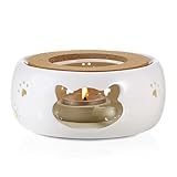 SUMNACON Calientaplatos de cerámica, calentador de tetera con portavelas y alfombrilla de corcho, calentador de té tallado hueco, calentador de té decorativo para calentar té, café y leche como regalo