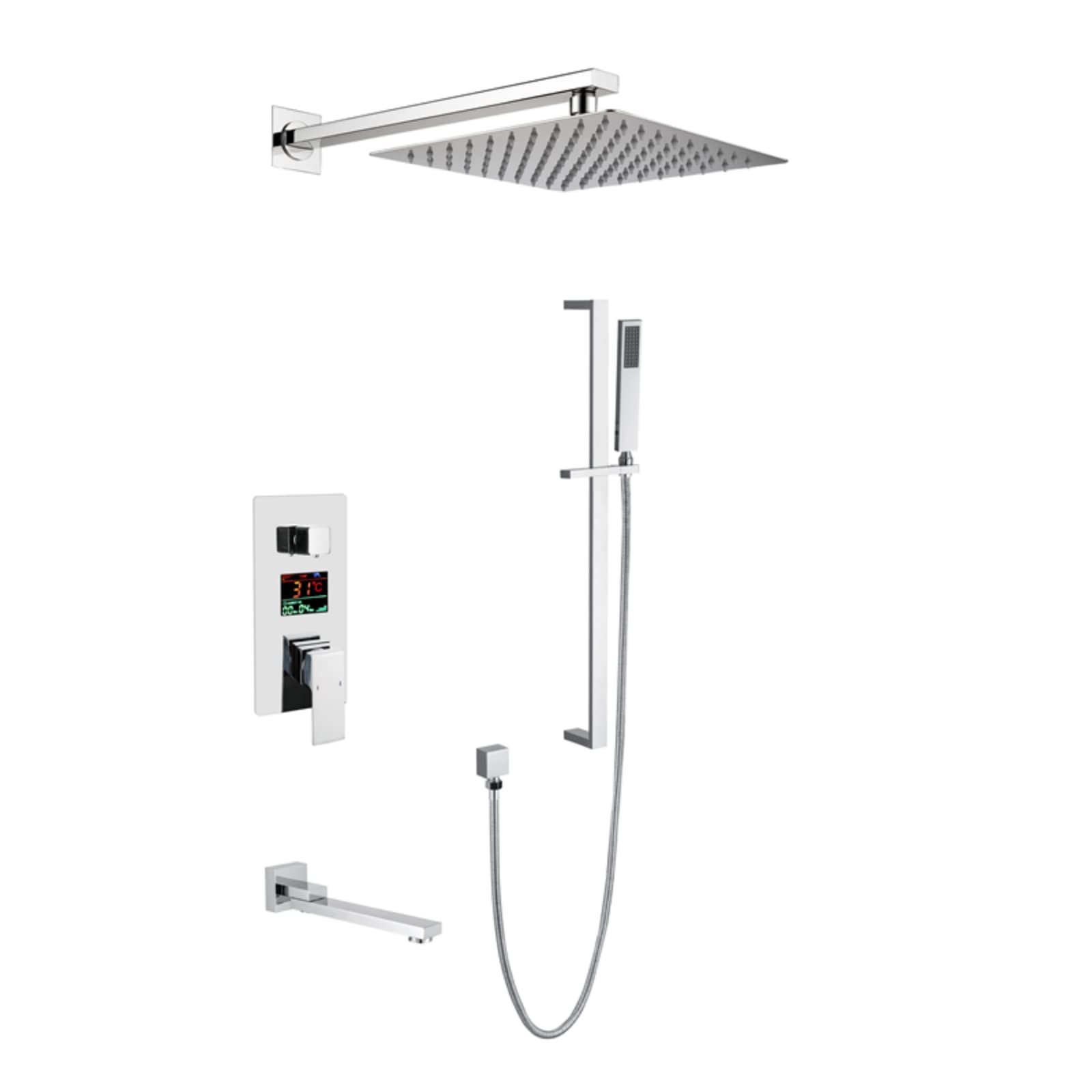 WOTZOV Shower System Wall Mounted Faucet Set With Led Digital Display Combo 10" Rain Head Mixer With Bathtub Spout, Handheld, 27.5" Rod,Black，Cromo