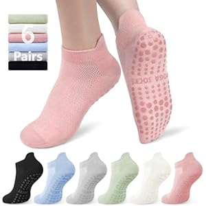 YSense 6 Pairs Pilates Socks with Grips for Women Non Slip Grip Socks Yoga Socks for Ballet Athletic Workout Hospital
