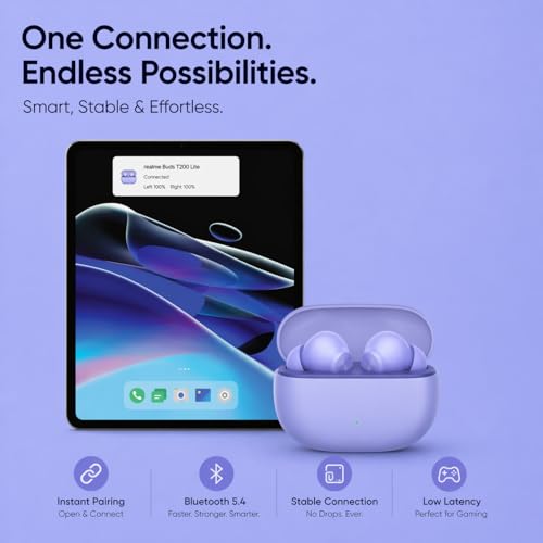 Image of Lynacz Original Premium Bluetooth Earbuds T200 Lite Compatible with Realme, iQOO, Oppo, Vivo with Hi-Res Audio, 12.4mm Dynamic Bass Drivers, ANC & 48 Hours Playback (Aurora Purple)