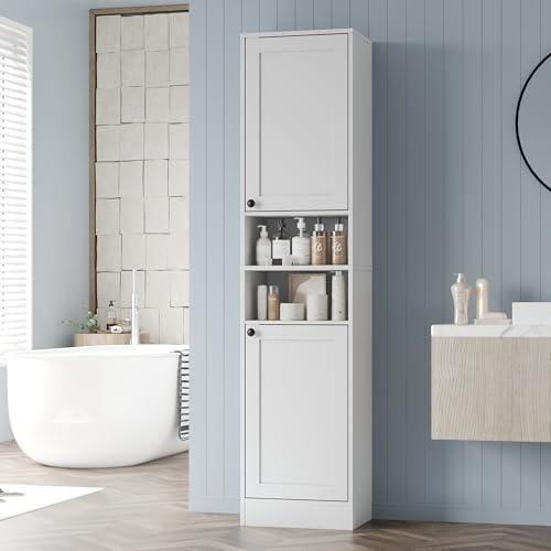 Image of Furnify 67" Tall Bathroom Cabinet with 2 Doors, Narrow Freestanding Floor Cabinet, Slim Storage Unit with Adjustable Shelves for Bathroom, Living Room, Entryway, Kitchen, White