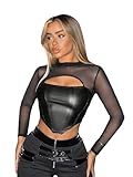 MakeMeChic Women's Faux Leather Mesh Sheer Long Sleeve Mock Neck Cut Out Tee Shirt Crop Tops Black M