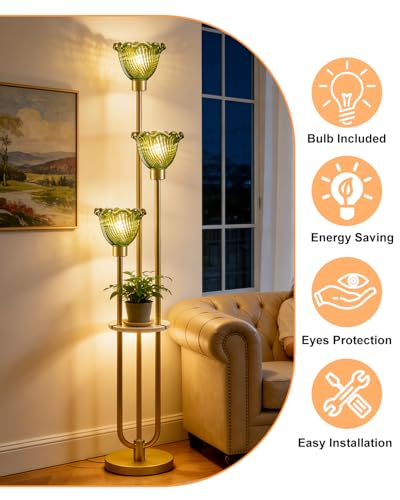 Image of Lightdot Green Glass Floor Lampfor Living Room Gold Floor Lamp with Glass Shade & 3000K Bulbs Included 3-Lights Modern Tall Standing Lamp with 5Lbs Heavy Base for Bedroom /Sofa Beside /Corner Decor