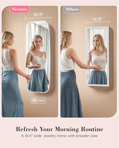 Nicetree LED Mirror Jewelry Cabinet, Rounded Jewelry Armoire Organizer, Wall or Door Mounted Jewelry Organizer with Interior Mirror, Lockable Wide Mirror with Jewelry Storage, 2 Drawers, Pure White - Thumbnail 6