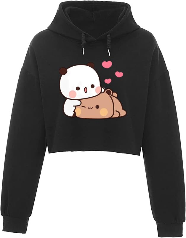 SNITCH Two Teddy Crop Hoodie Sweatshirt Women Girl Cute Casual Stylish Latest White Black Pink Lavender Beige in black