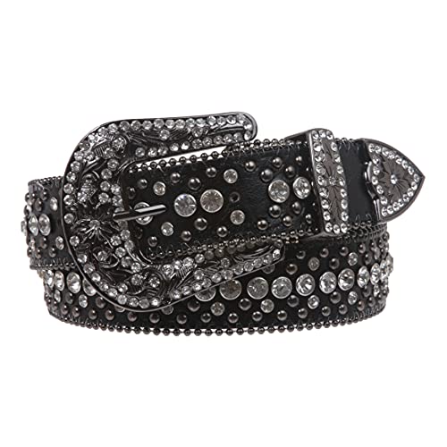 Snap On Rhinestone and Gun Metal Color Circle Studded Leather Belt, Black | 30