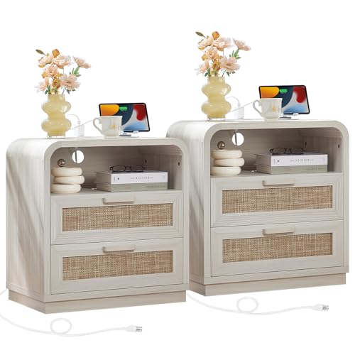 Image of LEYAOYAO Rattan Nightstands Set of 2 with Charging Station, Grey White | 23.6 inch Curved 2 Drawers Nightstand with Storage Shelf & Solid Handle, Boho Bedside Tables for Bedroom, Living Room