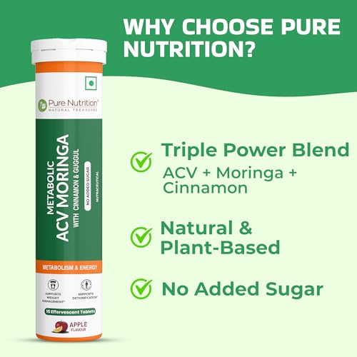 Image of Pure Nutrition ACV Apple Cider Vinegar Tablets | Control Craving | ACV Moringa for Weight Loss & Detox with Cinnamon, Wheat Grass & Spirulina for Enhanced Wellness | Rich in Antioxidants | Supports Weight Management, Detoxification & Immunity - 15 Effervescent Tablets