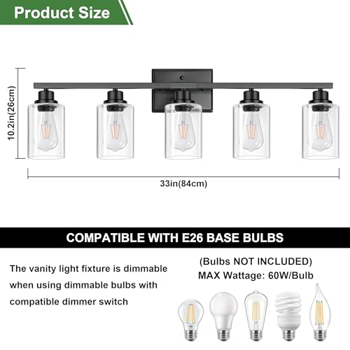 Image of Ascher 5-Light Bathroom Light Fixtures, 33 Inch Vanity Lights with Clear Glass Shade, Modern Black Finish Wall Light for Mirror Bedroom Hallway Cabinet Porch