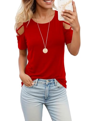 Image of Jar of Love Women's Summer Tops Short Sleeve Cold Shoulder Tops T-Shirts for Women Spring Summer Tops Loose Fit Tunic 2026